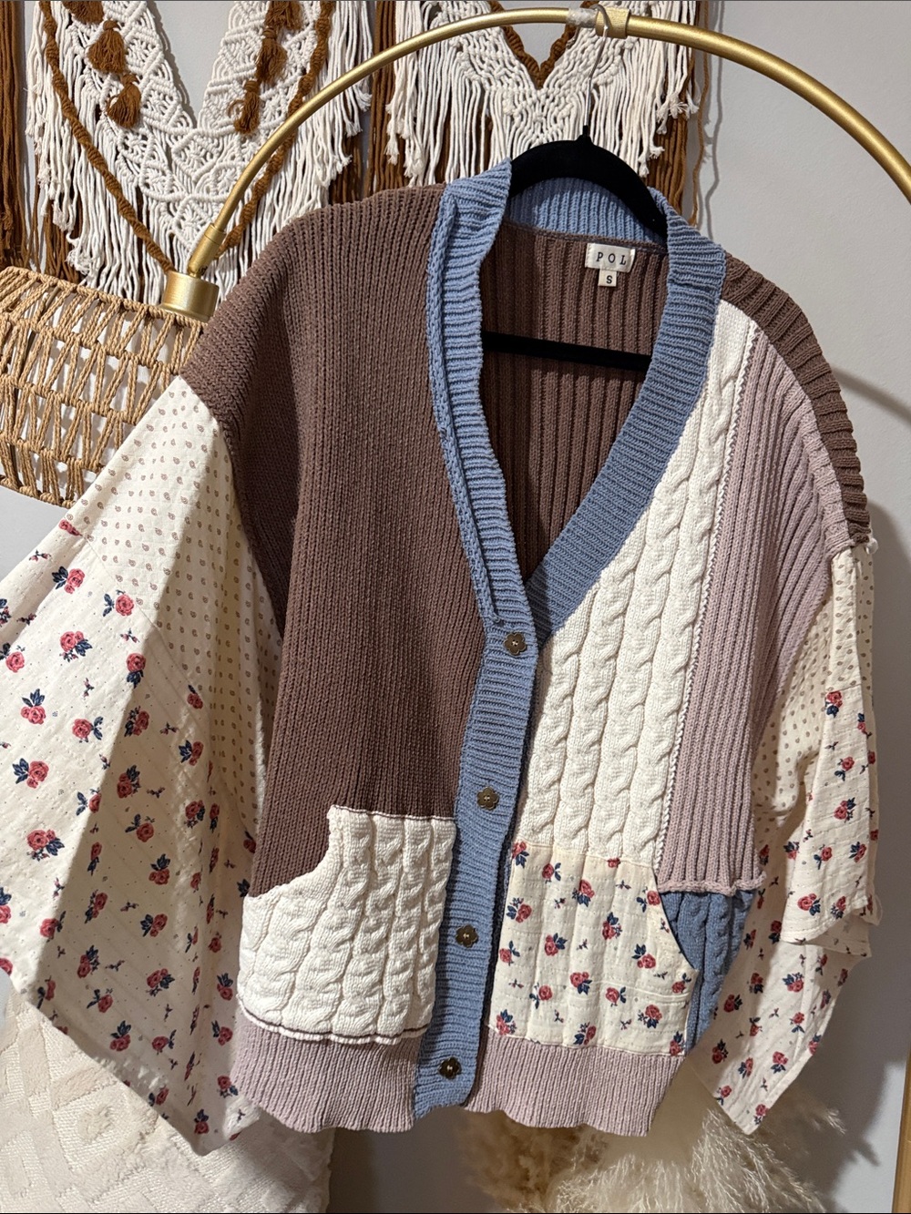POL Mixed-Panel Cardigan in Brown, Cream & Blue